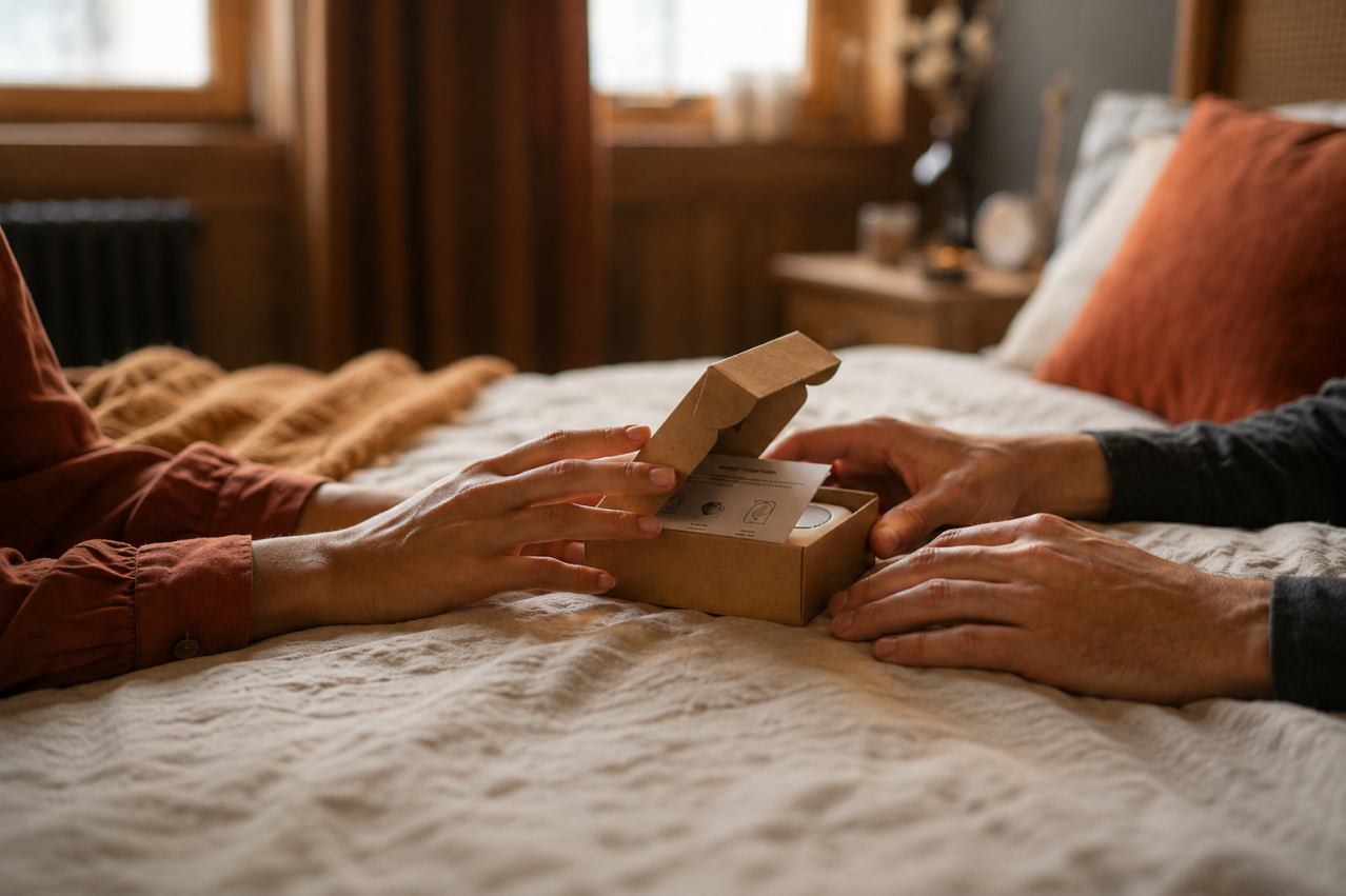 mains de couple qui se rejoigne sur une boite