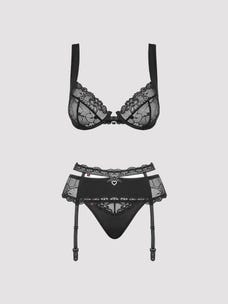 Obsessive Heartina 3 Teiliges Dessous Set in Schwarz Kleinbild von Vorne Amorana
